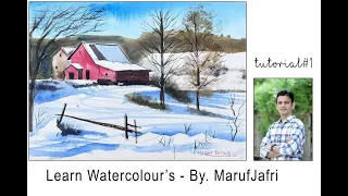 Red cottage in snow | Watercolor Landscape#1  #watercolorart  #paintwithmaruf #marufart #marufjafri
