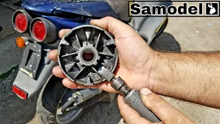 Modification of the variator to eliminate the non-revenue drive belt on a scooter Aprilia SR 50