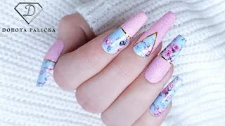 Beautiful Spring nail art tutorial with sugar and flower transfer foil.