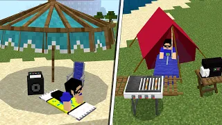 Berkemah di Pantai Dengan Addon Furniture MCPE