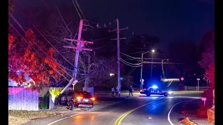 ***  WATCH  ***  Driver transported to ER after crash snaps pole, bringing down live wires...