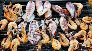 Grilled Squids And Shrimps For Dinner, Delicious Grilled Seafood In My Village, Seafood Dinner