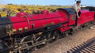 Romney Hythe and Dymchurch Railway steam engine Sir Winston Churchill leaving Dungeness Station.