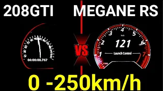 Megane RS 280 hp vs Peugeot 208 GTI  200 hp DRAGRACE 0-250 km/h