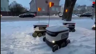 Роботы-курьеры буксуют в снегу. Таллин