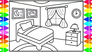 How to Draw a Bedroom Step by Step for Kids 💚💜Bedroom Drawing | Bedroom Coloring Pages for Kids