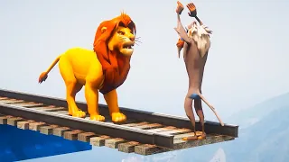 Simba, Pumba, Mufasa, Kiara, Kong pass crazy obstacles, ragdoll in GTA 5 | THE LION KING.