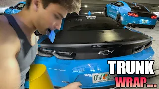 MY FIRST TIME SOLO VINYL WRAPPING THE CAMARO... SATIN BLACK TRUNK WRAP CAME OUT SPICY + HOOD NEXT?!