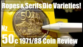 Ropes & Serifs Varieties....New Zealand 50c 1988/71 Coin