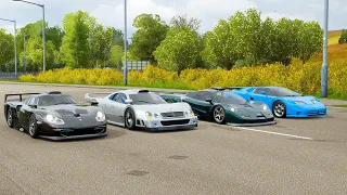 Forza Horizon 4 Drag race: McLaren F1 GT vs Bugatti EB110 vs 911 GT1 vs Mercedes AMG CLK GTR