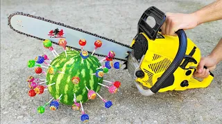 EXPERIMENT CHAINSAW VS WATERMELON and LOLLIPOPS