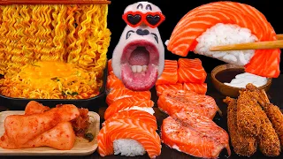 Amazing Homemade Mukbang: Salmon Sushi, Grilled Salmon Steak, Cheese Ramen, and Shrimp Tempura ASMR