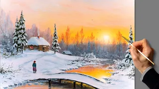 Oil Landscape Painting - Winter Sunset / Easy Art / Drawing Lessons / Satisfying Relaxing / Масло.