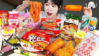 ASMR MUKBANG Convenience Store Food, Fire noodles, Tteokbokki, Kimbap, Fried chicken, Sandwich