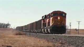 Pusher locomotives in hard dynamic braking on BNSF coal train Padromi, Colorado