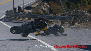 Yamaha R1 rider wearing full leathers high-sides at Azusa Canyon - "Lucky to be alive"