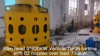 Vertical Turgo type water turbine 630KW at 83m head with 03 nozzles very easy for installation