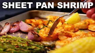 Two sheet pan shrimp dinners | asparagus & sweet corn, chickpeas & leeks