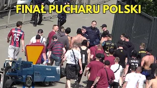 FINAŁ PUCHARU POLSKI 2024: Przyjazd kibiców Pogoni Szczecin, kibice Wisły, przejazdy i akcja Policji