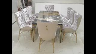 European style dining table dining chairs with designed leg and luxury marble table top