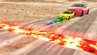 Big & Small Cars vs Lava River - BeamNG.Drive