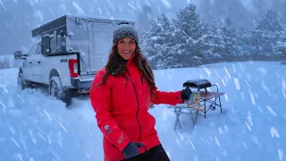 Blizzard Survival Camping in my Ford F250 Truck Camper - 60MPH Snow Storm Stuck in the Mountains