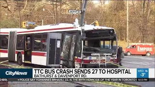 27 taken to hospital after TTC bus crashes into hydro pole