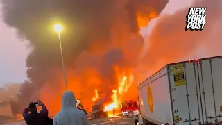 WATCH: Massive fire stops traffic in Connecticut after tanker crash