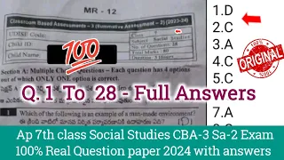 Ap 7th class social studies Cba-3 Sa2 real paper 2024 with answers|7th Sa2 social answer key 2024