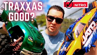 Traxxas Nitros (Why the HATE?) T-maxx 3.3 & Jato With OS 21 at the Track   2 SPEED Racing!