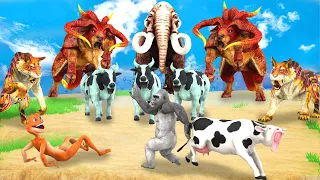 10 Zombie Cows vs 10 Zombie Tigers vs 10 Giant Buffalo Fight For Cow Cartoon Saved By Woolly Mammoth