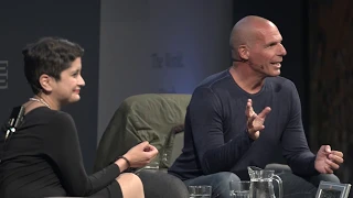Yanis Varoufakis with Shami Chakrabarti at the Edinburgh International Book Festival