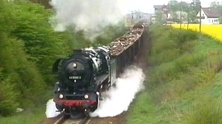 Traditionslok 44 0093 mit schwerem Zug auf der Strecke Saalfeld - Gera / Mai 1998