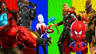 SUPERHERO COLOR DANCE CHALLENGE Black Panther vs Star Lord vs Spider Man Girl vs Red Hulk vs Thanos