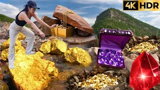 Largest Crystal Gold Nugget Found in Bedrock Crack by Excavators!