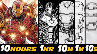 The most DETAILED IRON MAN DRAWING EVER! IRON MAN in 10 HRS | 1 HR | 10 MIN | 1 MIN & 10 SEC!