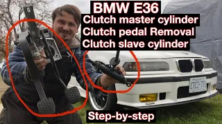 BMW E36 clutch master cylinder removal, clutch pedal removal, clutch slave cylinder removal.