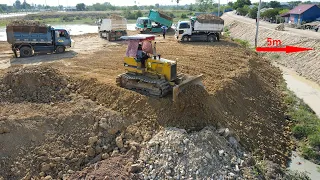 Update Working !! Nice Techniques Skills Operator Bulldozer Pushing Soil With Dump Truck Unloading