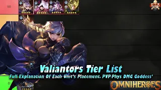 [Omniheroes] - Valiantors Tier List! Phyiscal Damage Goddesses with INSANE PVP units & Synergy