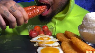 Giant Kielbasa sausage, eggs, hashbrown and rice mukbang