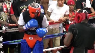 Floyd Mayweather sparring Don Moore at media day for Andre Berto fight