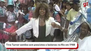 Tina Turner dances the samba with passistas and baianas in Rio in 1988.