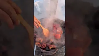Saj fried potatoes with meat and vegetables / Жареная картошка с мясом и овощами на садже