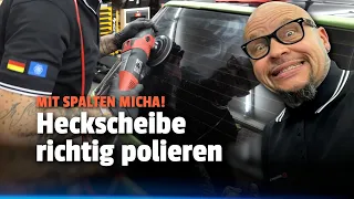 Spalten Micha zeigt: Glas polieren und Aufkleber Rückstände entfernen