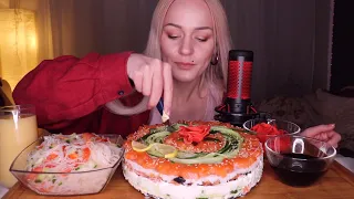 MUKBANG | СУШИ-ТОРТ, фунчоза | SUSHI CAKE, funchose, rolls не ASMR