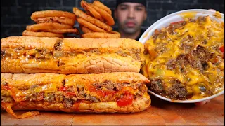 ASMR CHEESY PHILLY CHEESESTEAK, PHILLY CHEESESTEAK POUTINE, AND ONION RINGS MUKBANG