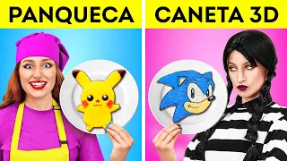 DESAFIOS ARTÍSTICOS COM CANETA 3D VS MASSA DE PANQUECA || Wandinha vs Pikachu! Por 123 GO!