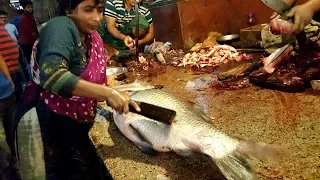 Big Catla Fish Scaling By Woman & Fish Cutting By Popular Fishmonger Of Fish Market Dhaka