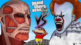 GIANT TITAN and PENNYWISE Try to KILL SHINCHAN in GTA 5 ..