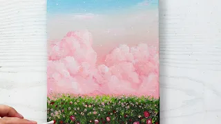 ✨AESTHETIC✨ Acrylic Pink Cloud Painting | Cotton candy clouds in rose garden